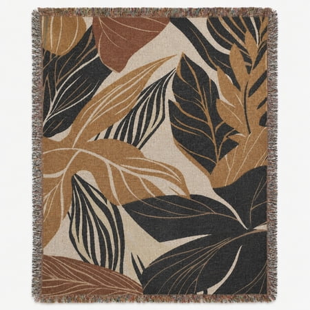 Earth-Tone Abstract Botanical Leaves Woven Throw Blanket 100% Cotton Modern Boho Decor for Sofa or Bed