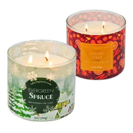 Holiday Time 3-Wick Candle, 14 oz., 2-Pack, Mulled Cider and Evergreen Spruce