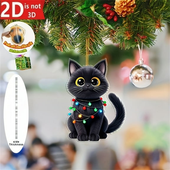 Hxlamzoo 2D Flat Black Cat Christmas Tree Ornament 3.1-Inch Festive Hanging Pendant, Durable Holiday Decor for Xmas Tree, Home Party, Gift Wrapping Supplies