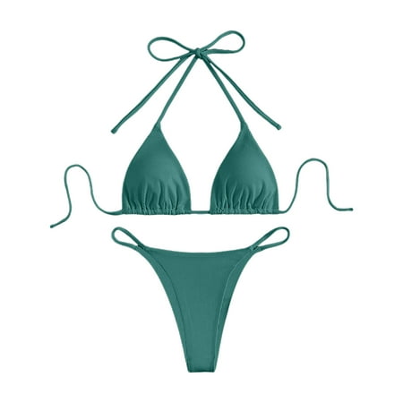 Jdkau Bikini Sets for Women Two Piece Triangle Bikini Set Sexy High Waisted Cheeky Swimsuit Halter Tie Back Bathing SuitsAG XS