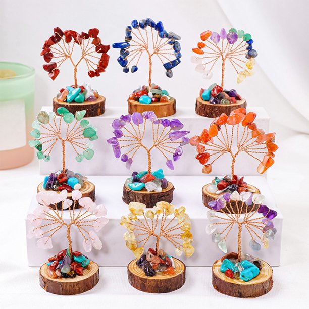 Seyotauo Wooden Base Healing Crystal Tree Set of 12, Thoughtful Gifts for Women - Handcrafted Tree of Life - Home, Office Decor for Positive Energy,Money,Good Luck,Reiki Healing - Gift for Mom & Dad