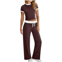 Kaemgyyd Women's 2 Piece Outfits Casual Slim Short Sleeve Crewneck Tops and High Waist Drawstring Pants Spring Trendy Clothing