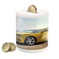 thumbnail image 1 of Cars Piggy Bank, Racer Sports Car in Course of Competition Drifting with Moving Wheels on Asphalt Win Photo, Ceramic Coin Bank Money Box for Cash Saving, 3.6" X 3.2", Yellow, by Ambesonne, 1 of 4