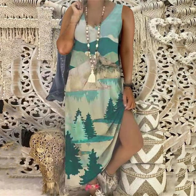 Lenago Blouses Grande Taille pour Femmes Chic Décontracté Femmes Décontracté Grande Taille Imprimé Col en V Poches Sans Manches Maxi Longue Robe Robes d'Été de Plage en Liquidation