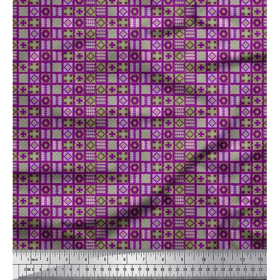 Soimoi Japan Crepe Satin Fabric Check & Geometric Patchwork Print Sewing Fabric Yard 42 Inch Wide