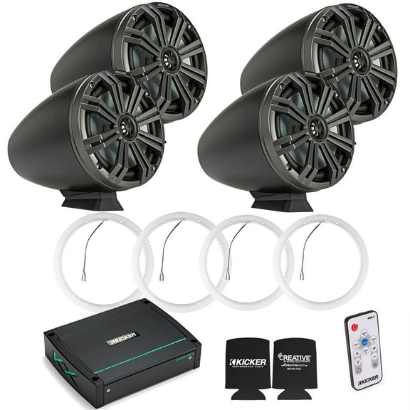 Kicker KMFC8 8" Flat Mount Charcoal Tower Speakers (2 pair) with LED Rings, KXM4002 Marine Amplifier