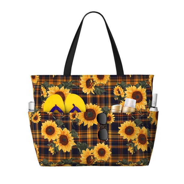 Fotbe Brown Blue Plaid Sunflower Bolsa de Viaje para Playa - Resistente al Agua, Bolsa Tote de Gran Capacidad y Ligera con 7 Bolsillos para Mujeres y Hombres