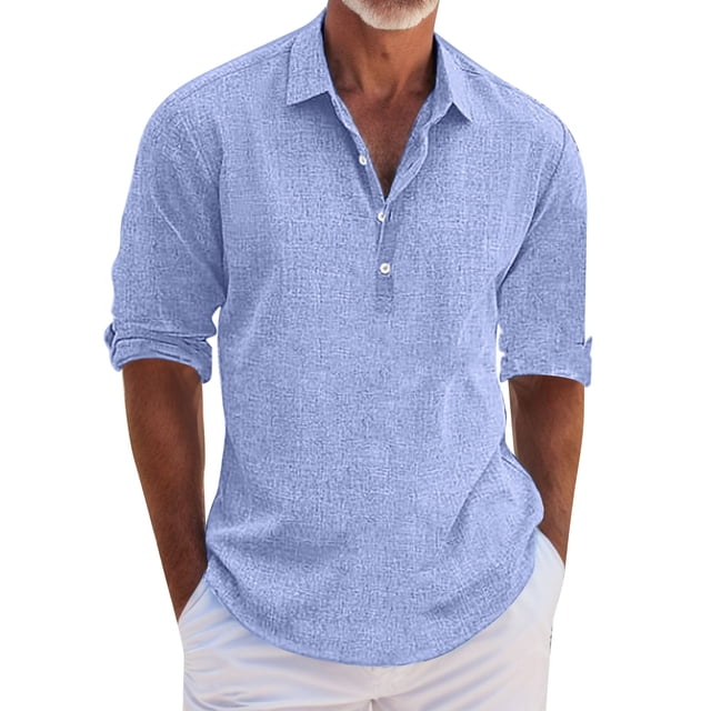 Camisas Casuales Para Hombre Camisa sólida informal de verano para hombre Camisa de manga larga con cuello levantado Camisa superior (Blue, XL)