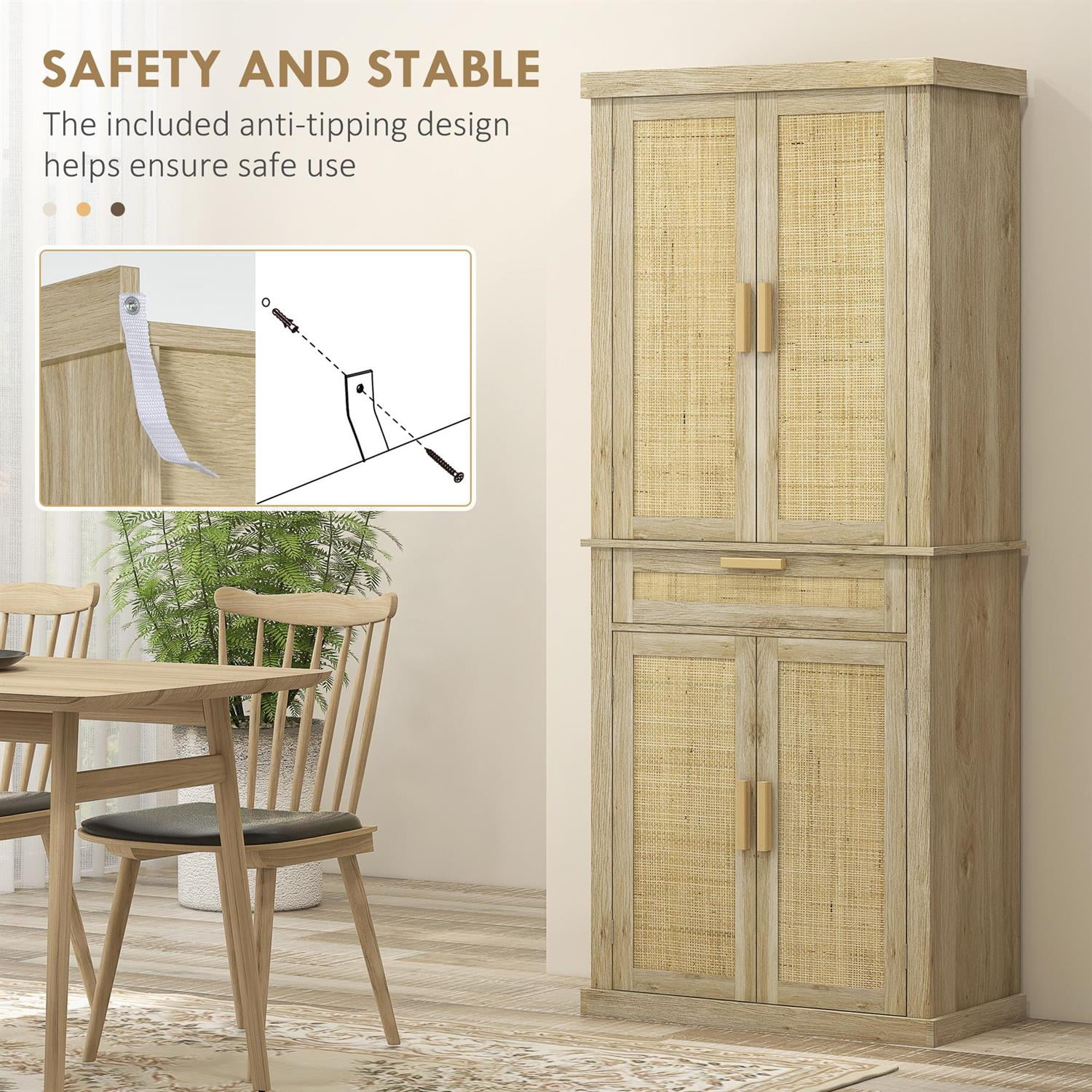 Demi Bonn 72" Tall Kitchen Cabinet with Rattan Doors and Drawer, 5-Tier Shelves, Adjustable, Spacious Storage for Home Organization, Beige