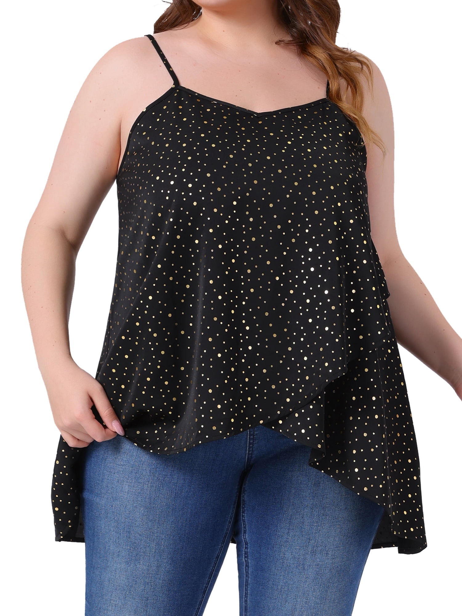 DARING DIVA Women's Plus Casual Summer Cami Polka Dots Sleeveless Tank Tops 1X Black