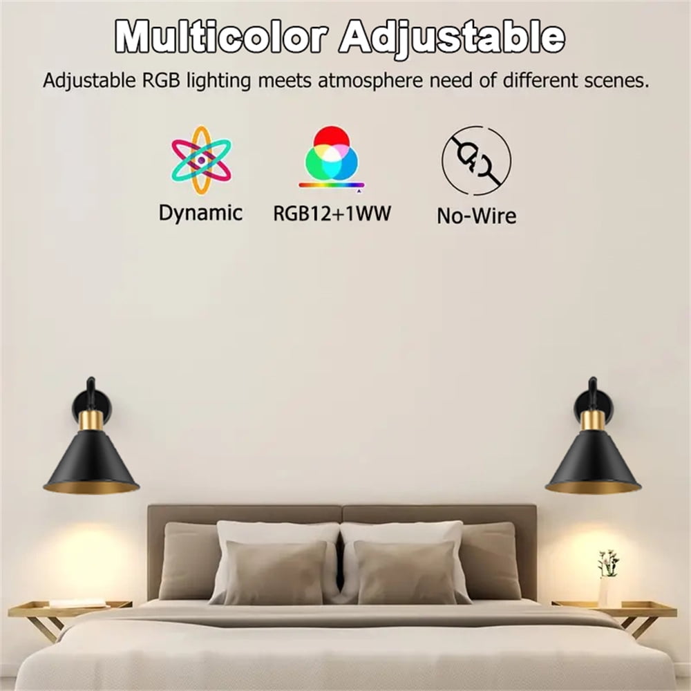Jercoda 2 pack LED Battery Operated Wireless Wall Sconces with Remote Control, Arm Wall Lights, Industrial Black Metal Lampshade Rechargeable Wall Lamps for Bedroom, Living Room, Kitchen, Set of 2