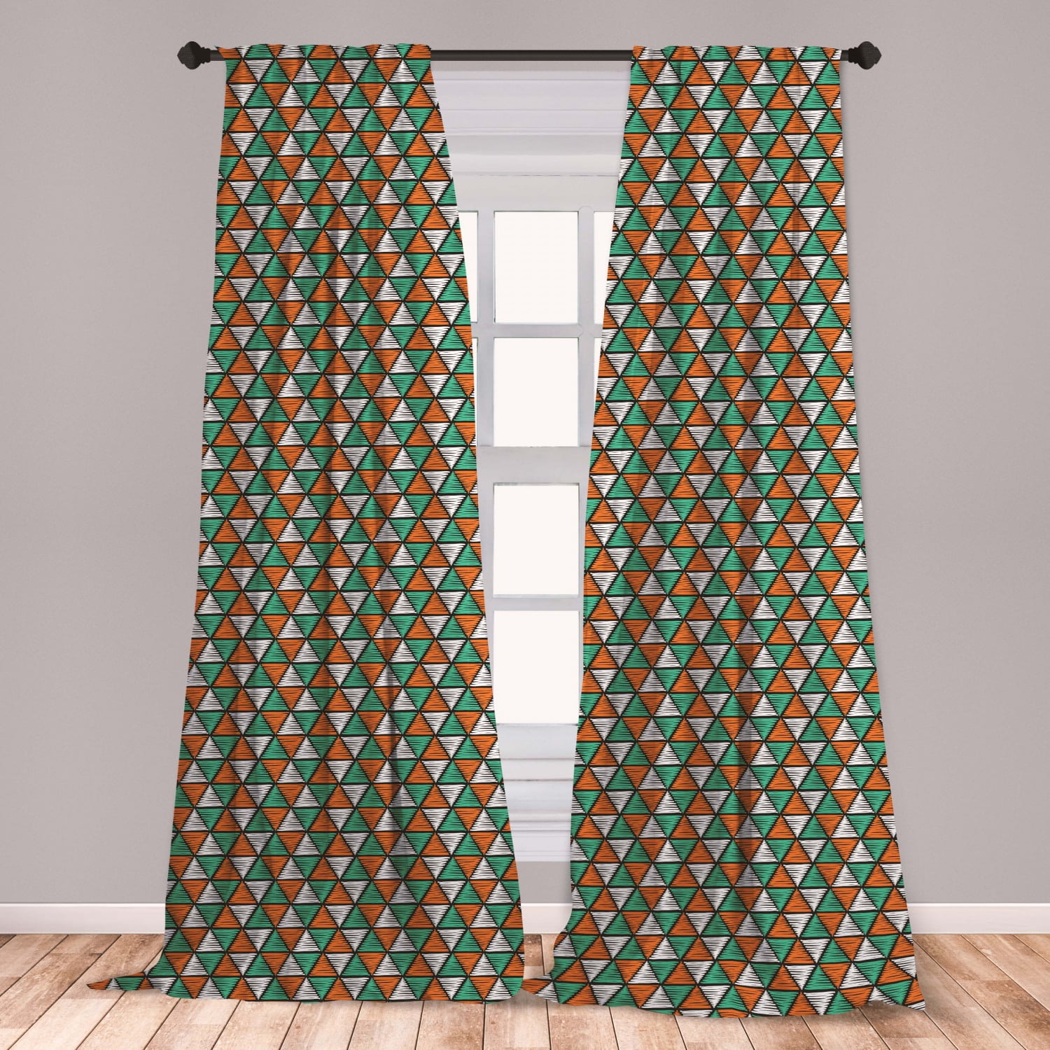 Triangle Curtains 2 Panels Set, Hand Drawn Geometric Shapes with Doodle