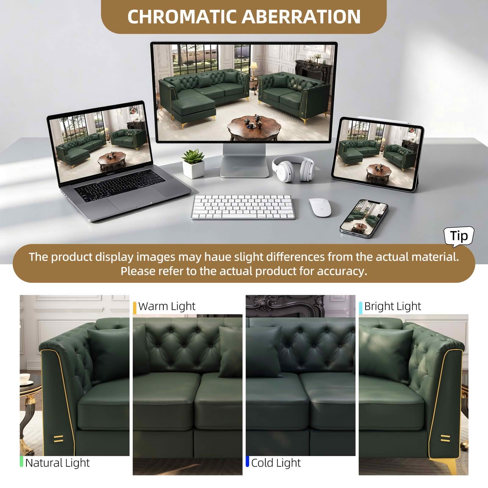 MAYEERTY Light Luxury Modular Chesterfield Sofa Combination, Faux‑Leather Sectional with Button Tufting, Metal‑Trim Armrest & Slim Metal Legs, 4 Pillows Included