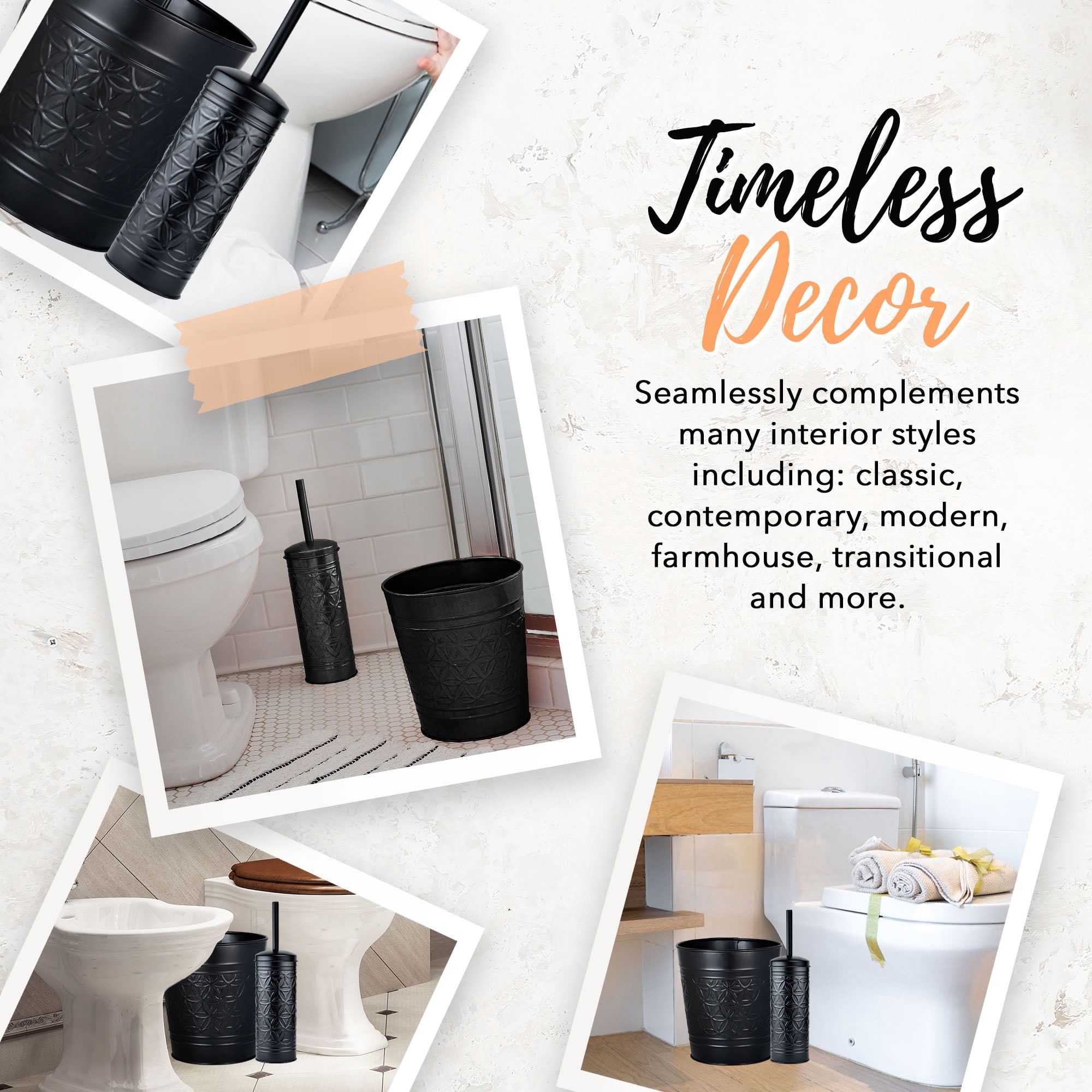 Autumn Alley Black Metal Trash Can & Toilet Brush Set, Matte Black Bathroom Accessories Set