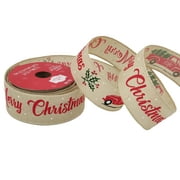 Holiday Time Fabric Gift Wrap Ribbon, Red/Green Truck and Merry Christmas, 1.5"/15'
