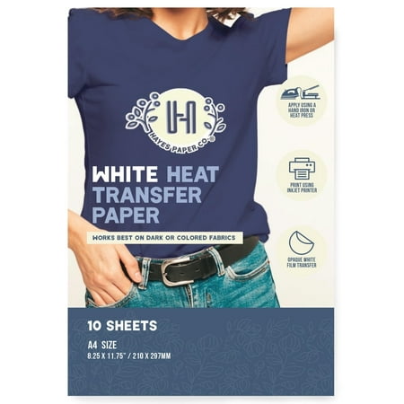 Hayes Paper Co. White Heat Transfer Paper for Dark and Colored Fabrics, 10 Sheets A4 Iron-On Transfers for Inkjet Printers, Printable T-Shirt Transfer Paper