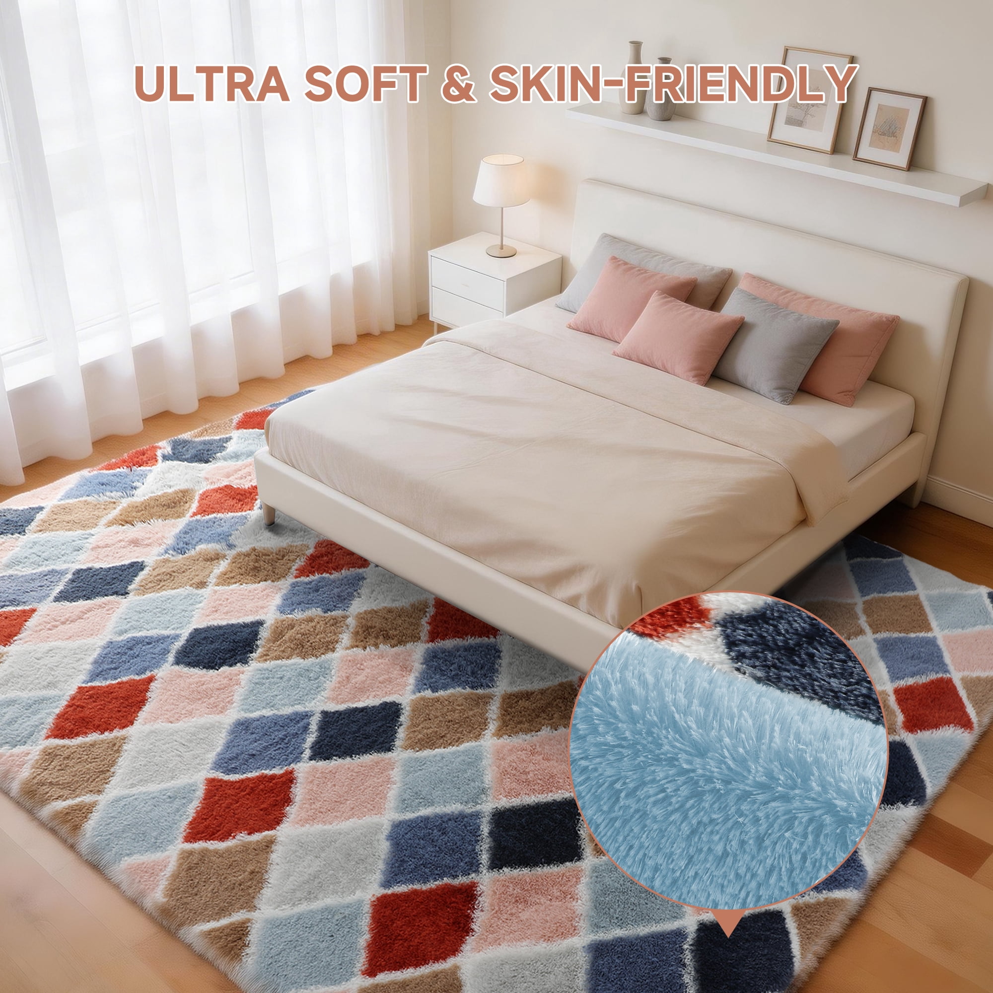 CozyDesg 8ftx10ft Area Rugs,Shag Fluffy Checkered Rugs for Living Room,Bedroom,Modern Room Decor Carpet, Non-Slip Floor Rug,Colorful A