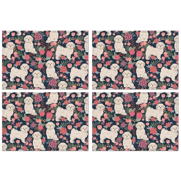 Shih Tzu Dog and Flower Floral Summer Placemats Table Placemats Set Of 4-Linen Kitchen Washable Placemats Table Mats 11.8"x17.7"Non-Slip Heat Resistant
