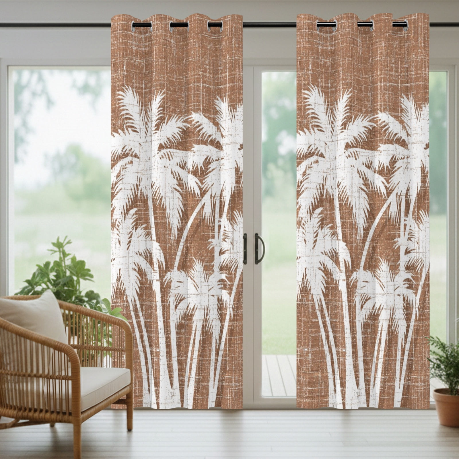 Palm Tree Outdoor Curtains for Patio, Tropical Plant Coastal Summer Brown Sunshade Privacy Drapes Grommet Waterproof Outside Curtains for Porch/Cabana/Balcony 54"x 108", 1 Panel