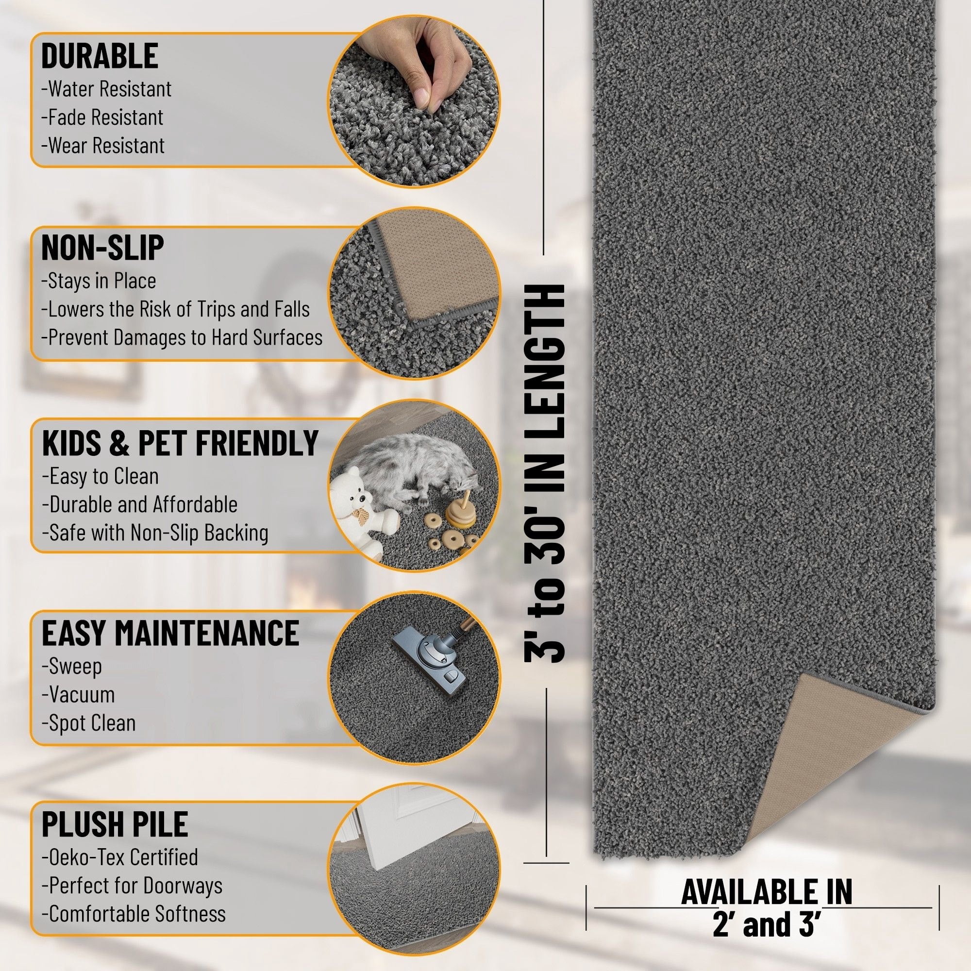 Ottomanson 3x11 Non-Slip Shag Runner Rug Plush Carpet for Bedrooms & Hallways, 3' x 11', Gray