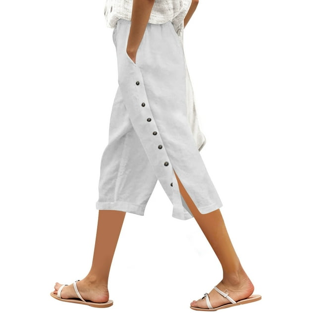 SNKSDGM My Items Women’S Solid Color Elastic Waist Loose Fit Side Button Functional Three Quarter Casual Pants Made in Canada