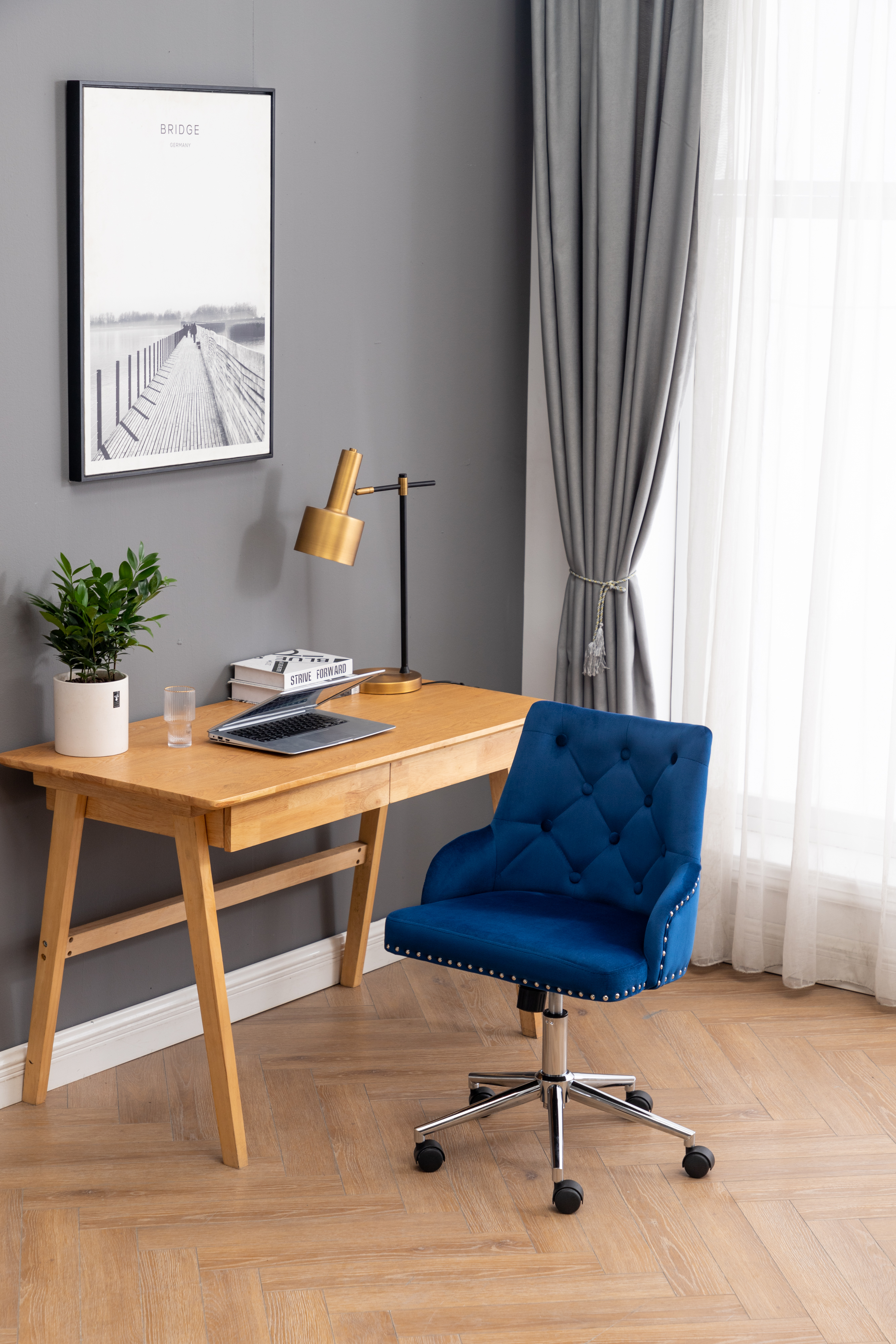 Kepooman Velvet Office Chair, Adjustable Rotatable Home Dressing Chair with Backrest and Wheels, Blue Kepooman Velvet Office Chair, Adjustable Rotatable Home Dressing Chair with Backrest and Wheels, Blue
