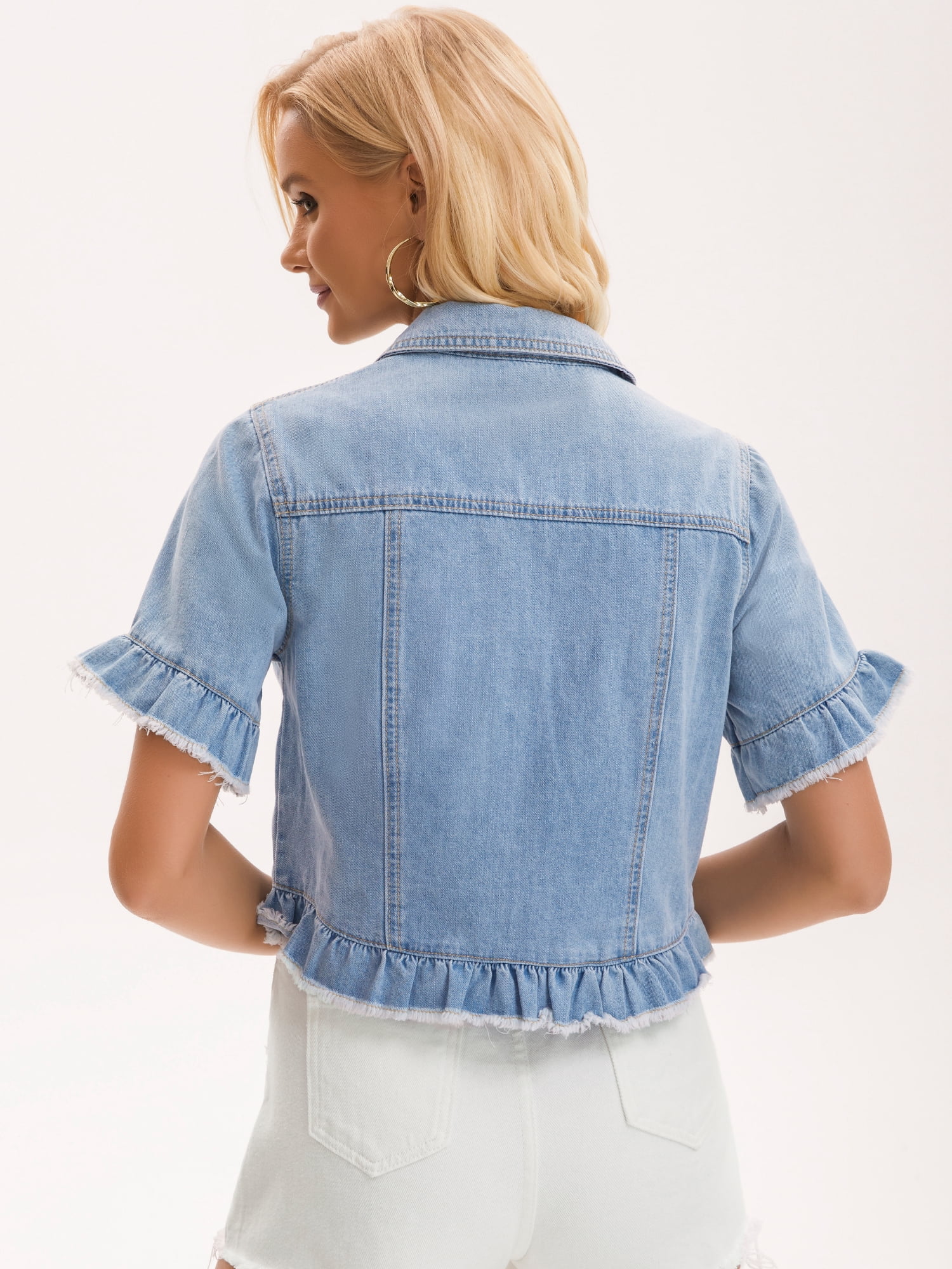 DARING DIVA Women's Short Sleeve Button Down Lightweight Ruffle Jean Jacket L Light Blue