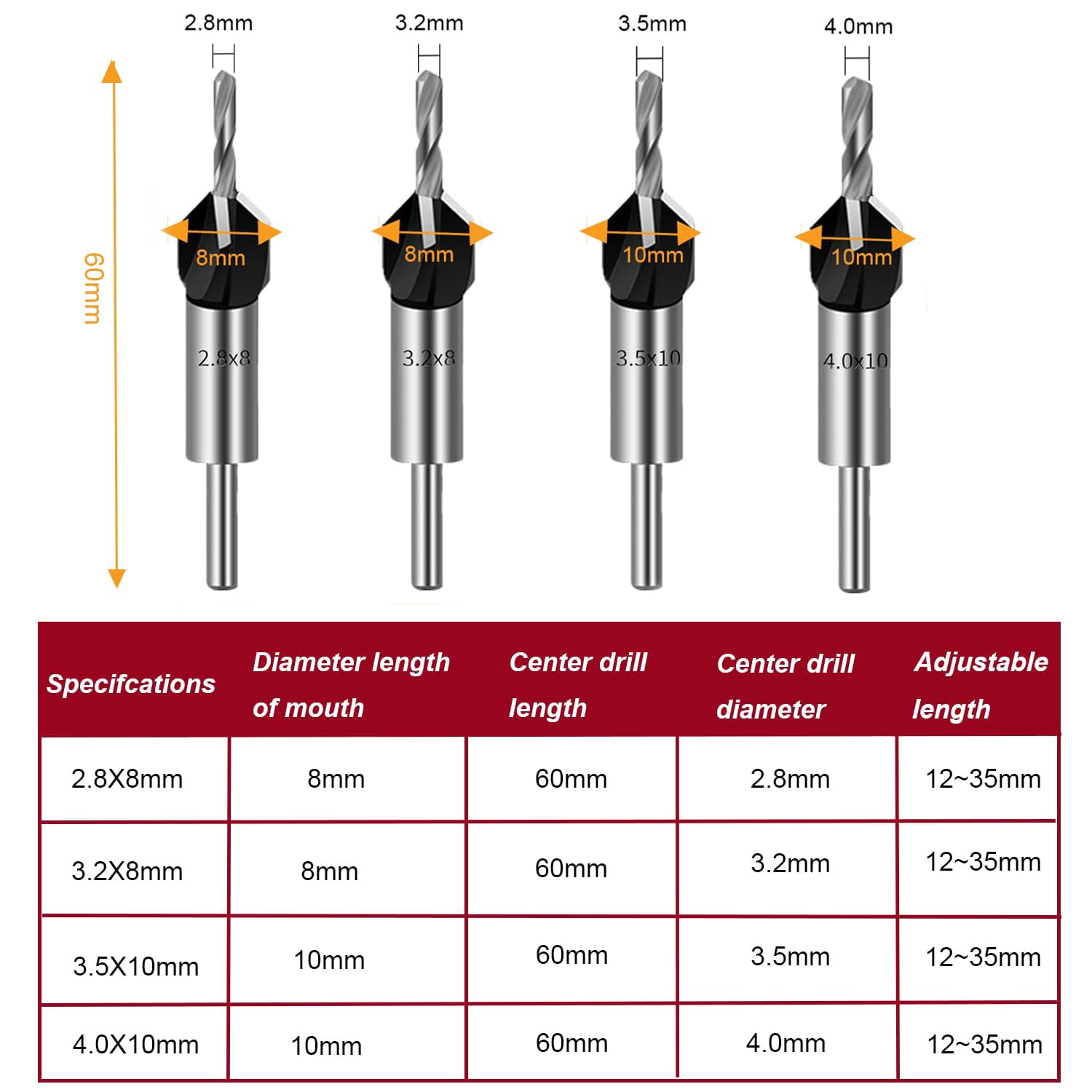 Countersink Drill Bit Set with Depth Stop, 1/4" Quick Change Hex Shank, Aluminum Alloy Stop Collar, HSS M2 Bits Head & Hex Wrench, Counter Sink Drill Bit for Wood for Wood, Plastic, Woodworking,A