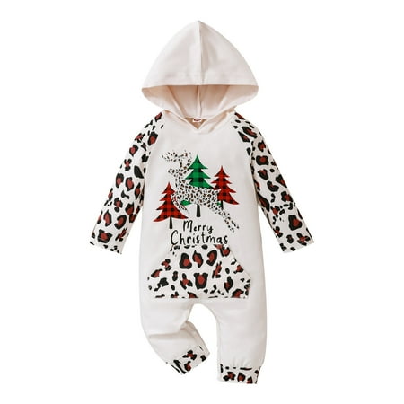 

Baby Girls Bodysuits Outfit Boys Girls Christmas Long Sleeve Romper Cartoon Trees Deer Prints Hooded Jumpsuit For 6-9 Months