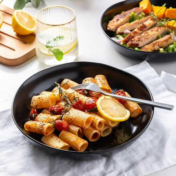 9.75'' Large Ceramic Pasta Bowls, 38oz Stoneware Wide Serving Bowls Set of 6 for Kitchen, Oven, Microwave & Dishwasher Safe Bowls with Wavy Rim for Fruit Pasta Salad Meal, Matte Black