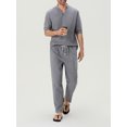 thumbnail image 4 of FOCUSNORM Men's Summer Outfits Solid Color V-Neck Half Sleeve Tops with Drawstring Long Pants Cotton Linen Set, 4 of 9