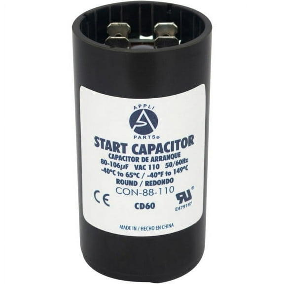 Appli Parts motor start capacitor 80-106 Mfd (microfarads) uF 110-125 VAC universal fit for electric motor applications 1-7/16 in Diameter 2-3/4 in Height CON-88-110