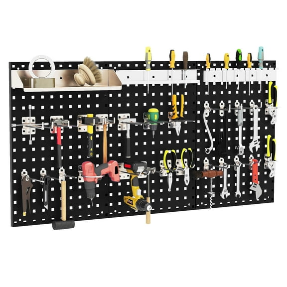SAZYY Pegboard Wall Organizer, 3 Pieces Metal Pegboard Panels with 25 Hooks, Storage Platform & Square Hole, Pegboard Kit for Utility Tools, Garage & Workshop(Black)