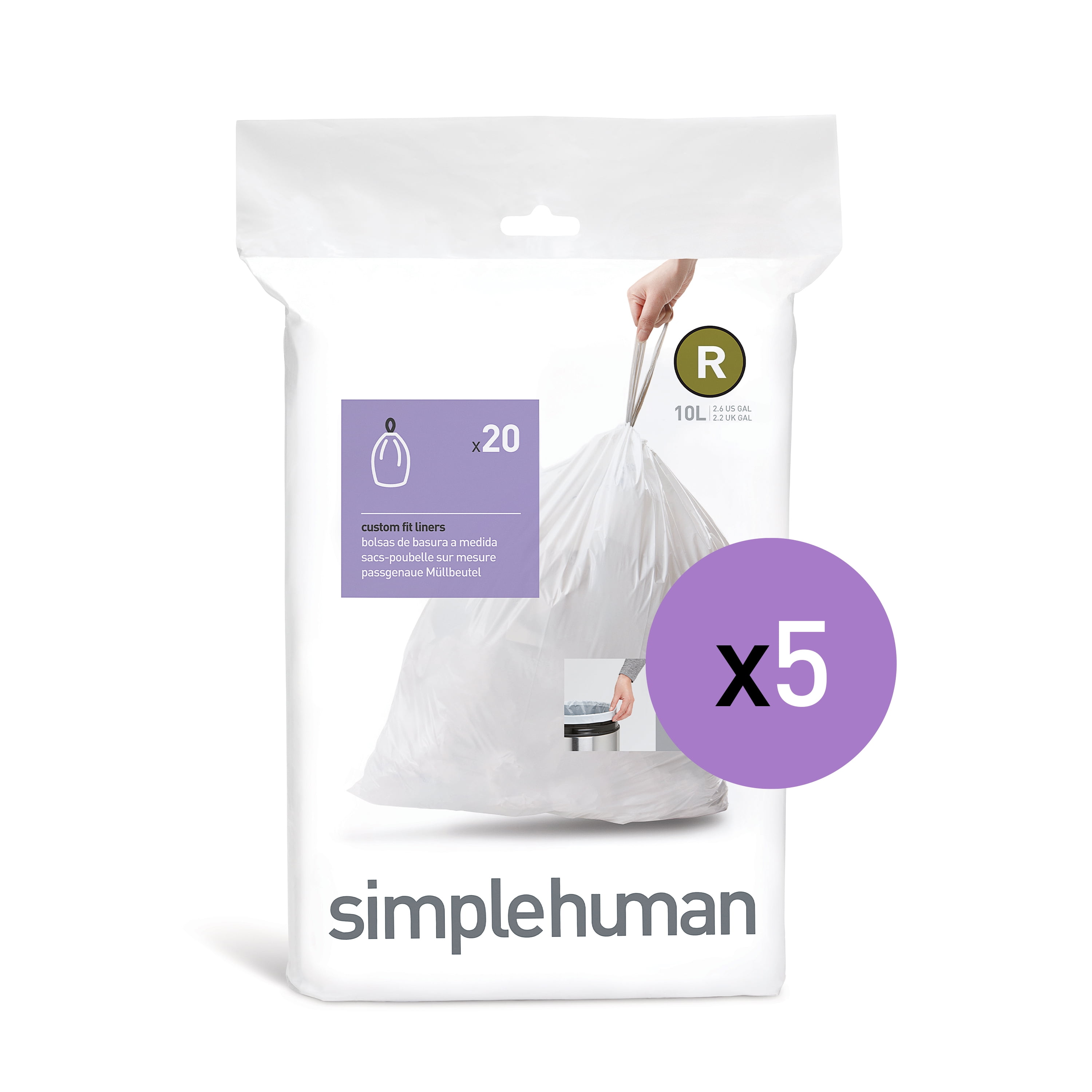 simplehuman Code R Custom Fit Drawstring Trash Bags, 10 Liter / 2.6