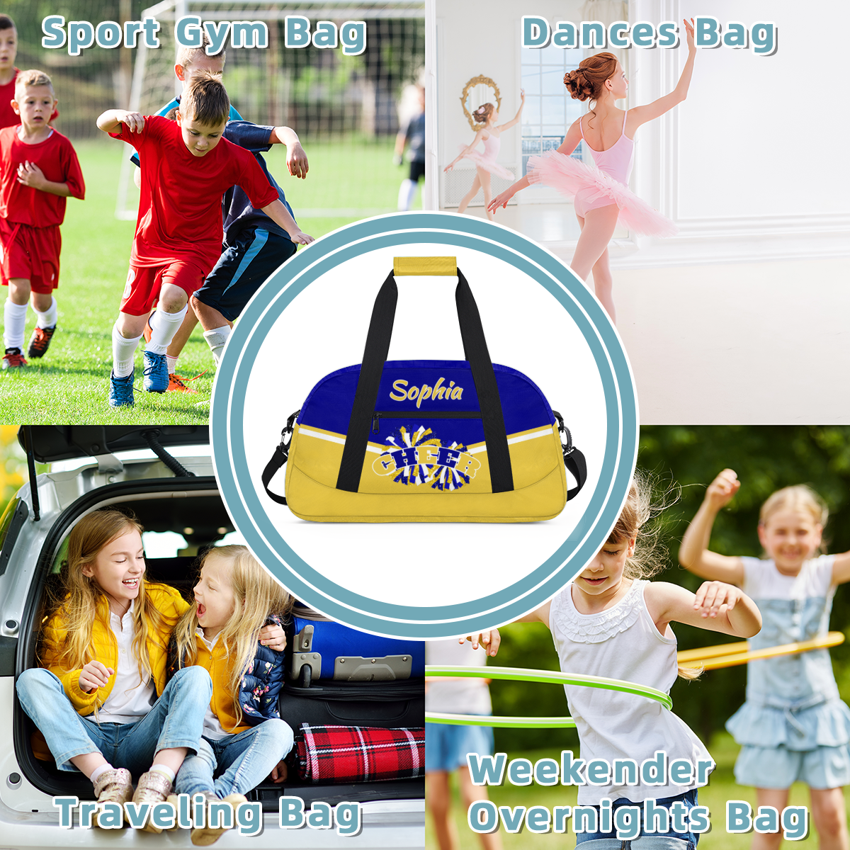 Jiaoprinted Personalized Cheer Bag, Custom Sport Duffel Bag with Name, Customized Cheerleader Dance Bag, Sport Gym Bag Overnight Weekender Bags, Blue Gold