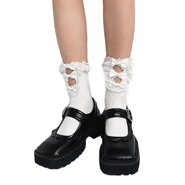 Calcetines japoneses de estilo Lolita con volantes y volantes para mujer, medias de tubo medio de algodón acanaladas para estudiantes, Harajuku ahuecadas, estilo Kawaii, con lazo,