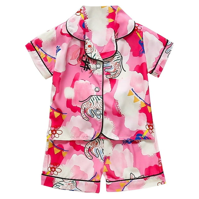 Ensemble de Pyjama pour Filles Manches Courtes Imprimé Boutons Hauts Ensemble Classique Vêtements de Détente Mignons Pyjamas pour Filles Garçons Filles Mode