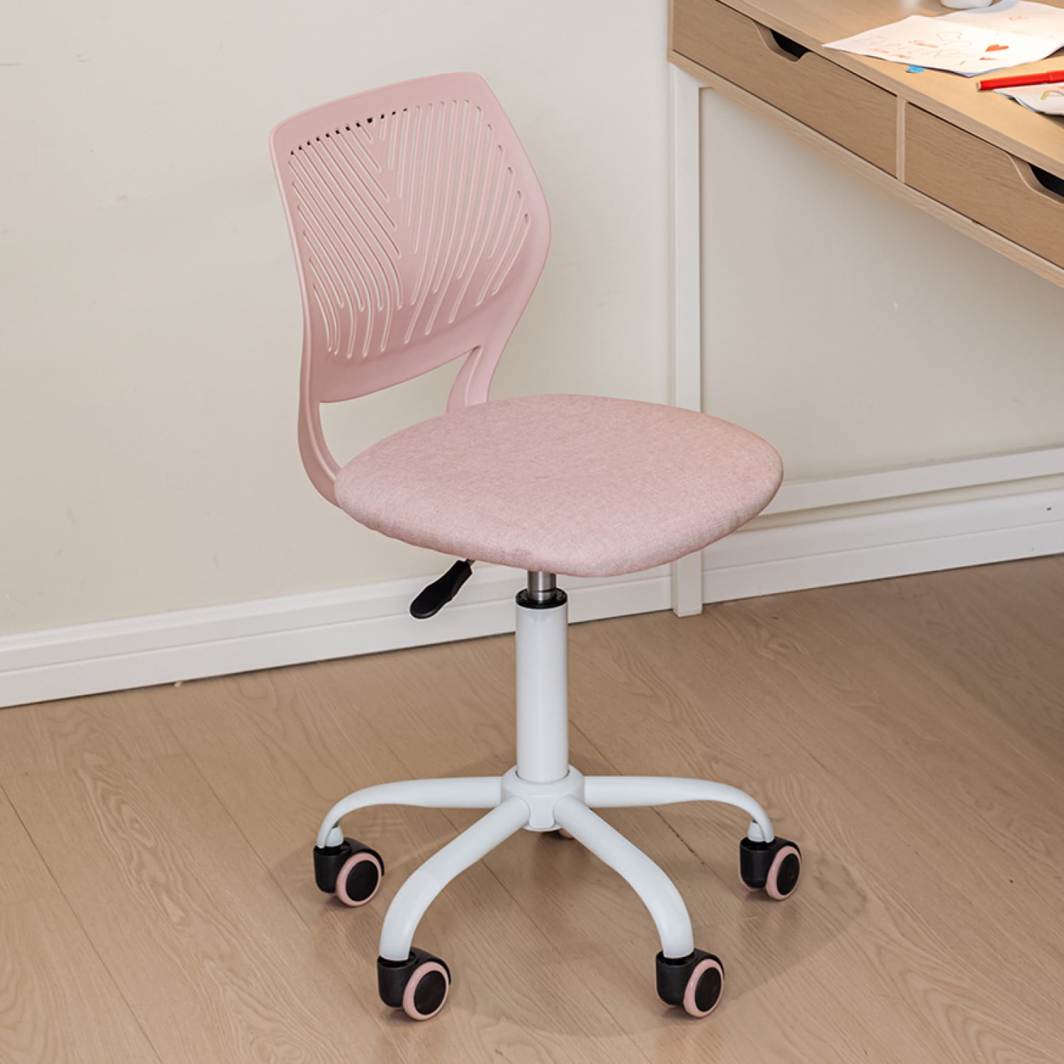 Homy Casa Adjustable Swivel Desk Chair with Cushioned Seat for Dorm Study Desks, Pink Fabric