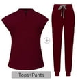 thumbnail image 2 of BiZtdJrK Women Scrubs Sets V Neck Cap Sleeve Tops and Jogger Pants Two Piece Outfits Drawstring Nursing Uniform Set with Pockets Wine XL, 2 of 6