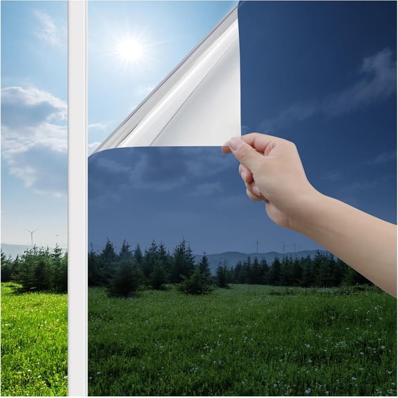 Window Privacy Film One Way Window Tint for Home, Sun UV Blocking Reflective Mirror Film Heat Control, No Glue Static Cling See Out Not in Glass Door Covering, Blue Silver, 29.5" x 78.7"