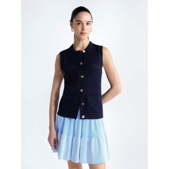 Free Assembly Women's and Women's Plus Button Front Cable Knit Sweater Vest, Lightweight, Sizes XS-4X