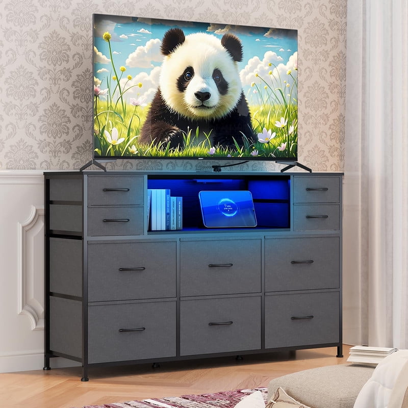 TROPOW 10 Fabric Drawers Dresser with LED Lights, Entertainment Center with Charging Station, Wood Top, Open Shelves, TV Stand for 40"-55" TV, Chest of Drawers for Bedroom Living Room Hallway