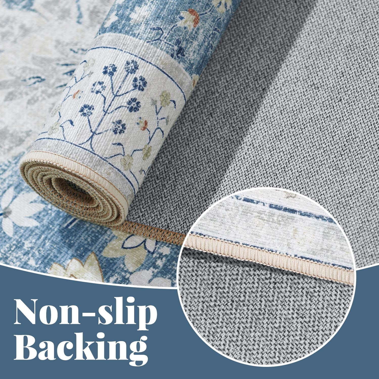 RUGKING Entryway Rugs 2x5 Blue Runner Rug Floral Non-Slip Vintage Area Rug Thin Mat Indoor Rug for Bedroom Kitchen Hallway