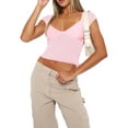 thumbnail image 1 of Gupgi Women Deep V Neck T-Shirts Short Sleeve Tops Solid Color Tee Basic Slim Fit Crop Top, 1 of 3