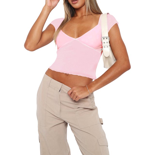 Gupgi Women Deep V Neck T-Shirts Short Sleeve Tops Solid Color Tee Basic Slim Fit Crop Top