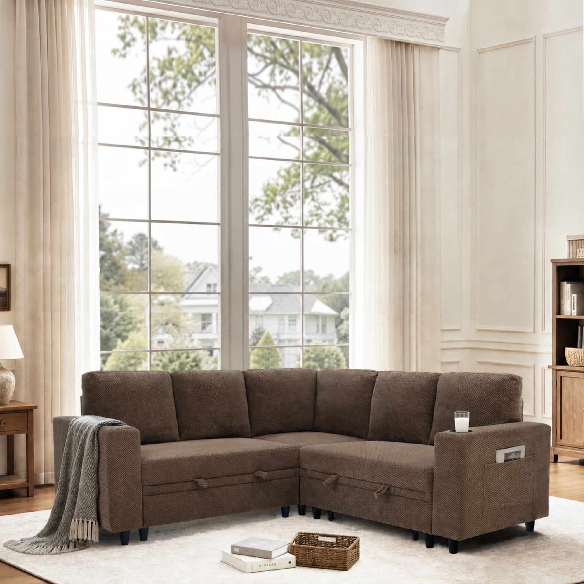 BSHTI 76.5" Polyester L-Shaped Sectional Sofa Bed with Hidden Storage, Cup Holders, Side Pockets, Pull-Out Design for Living Room(Coffee)