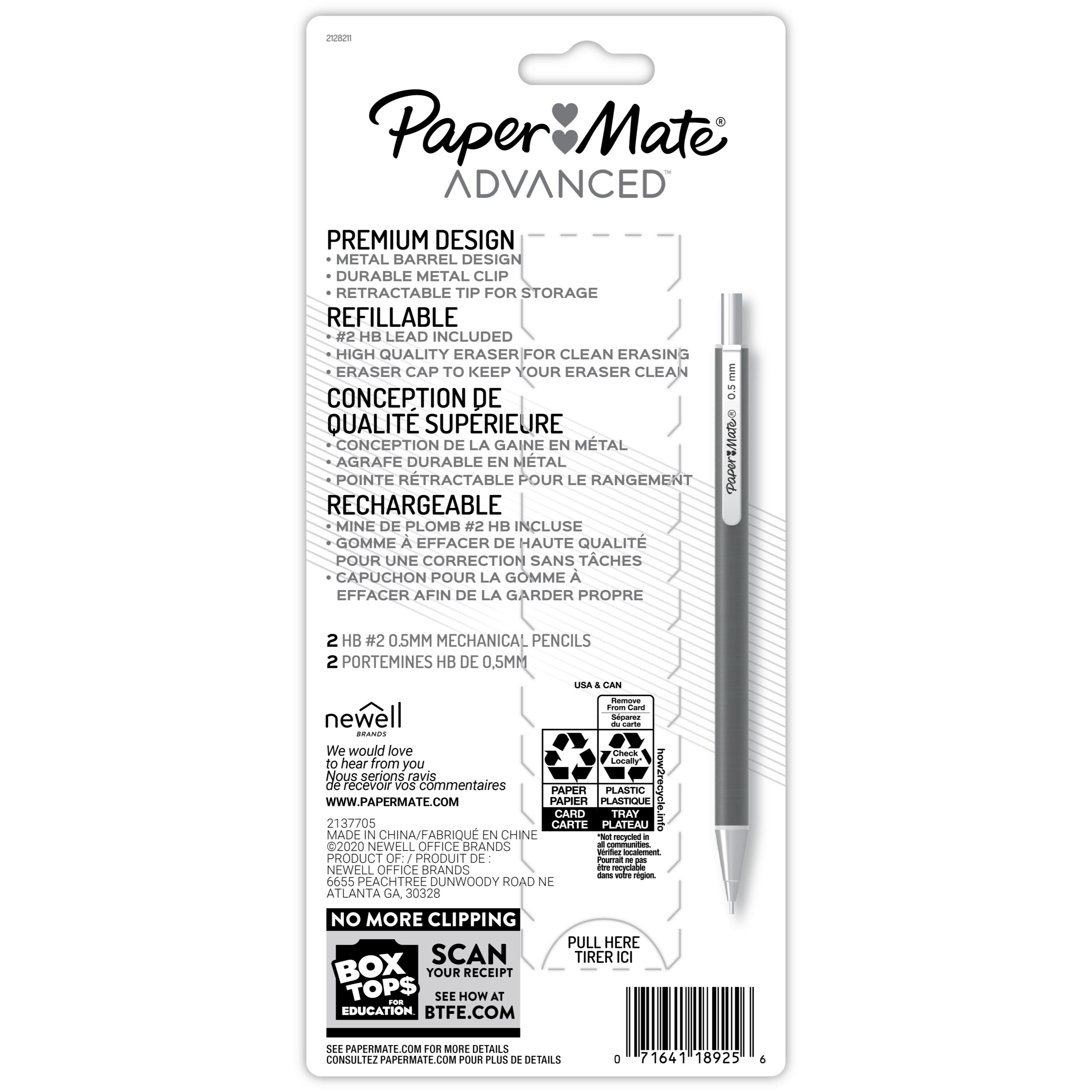 thumbnail image 2 of Paper Mate Advanced Mechanical Pencils, Premium Metal Barrels 0.5 mm #2 Pencils, 2 Count, 2 of 8