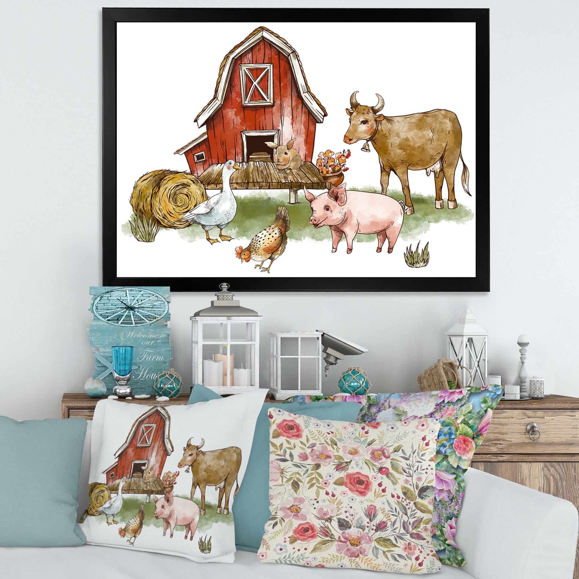 Designart 'Farm House With Goose Cow Pig Chicken and Haystack' Rustic Framed Art Print
