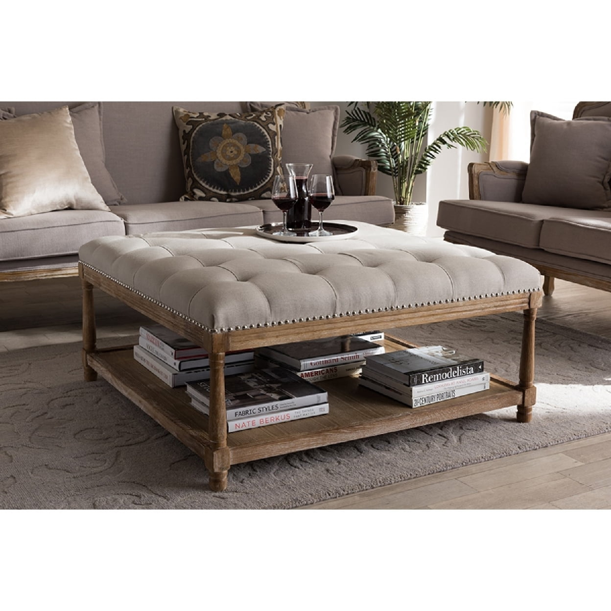 Baxton Studio Carlotta Oak Beige Linen Square Coffee Table Ottoman