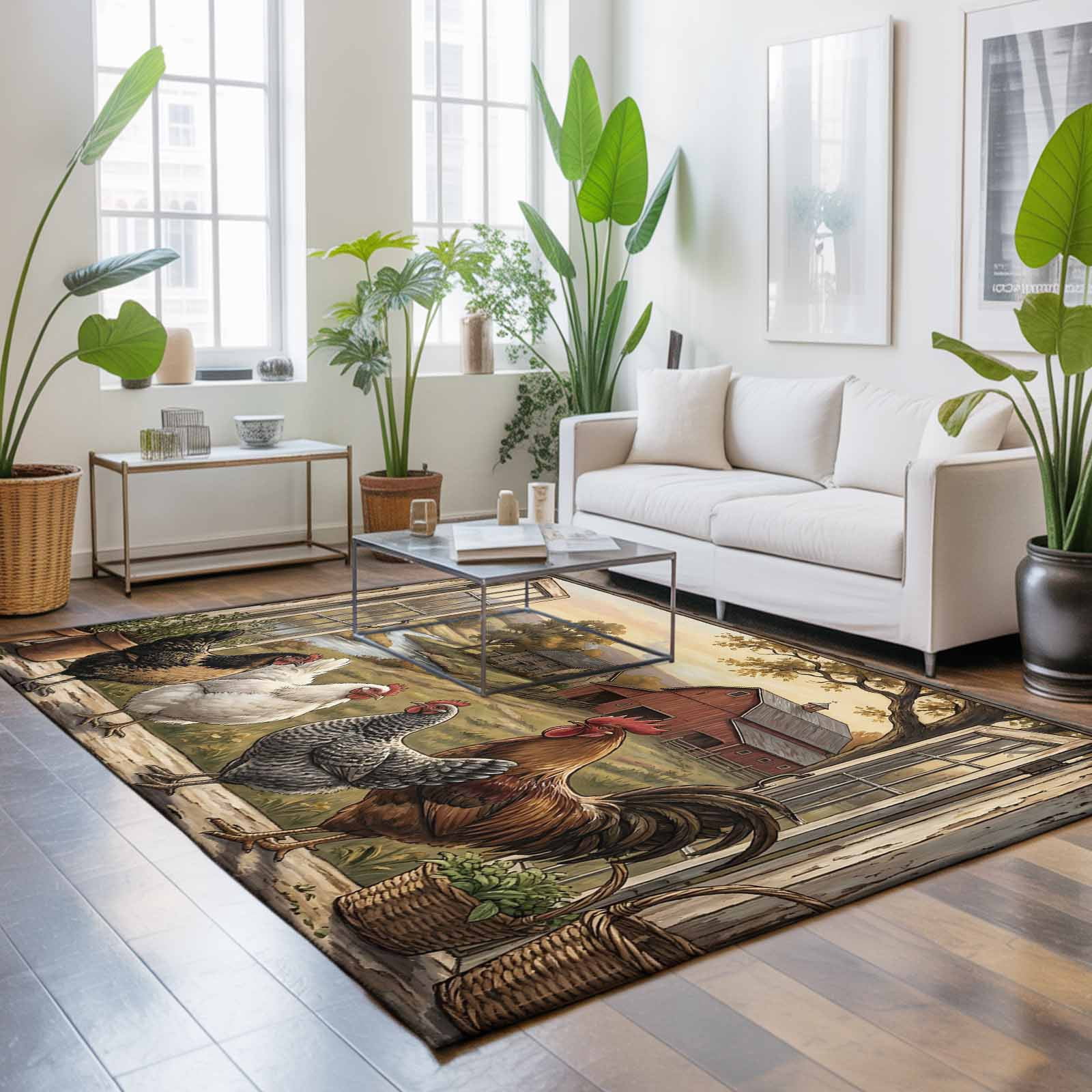 Large Area Rugs 5'x8', Vintage Rooster Carpet Runner Indoor Outdoor Rugs Home Decor Aesthetic, Barn Farmhouse Art Animals Tree Non Slip Mats Washable Accent Rug for Living Room Bedroom